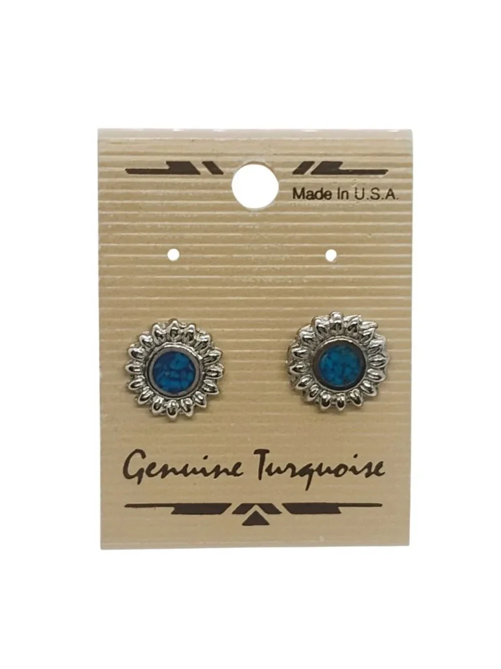 Vtg NOS New on Card Made in USA Genuine Turquoise Earrings Silver Tone